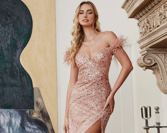 Pink Prom Evening dress with feathers