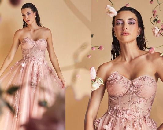 blush pink evening dress , strapless gown , floral dress for weddings