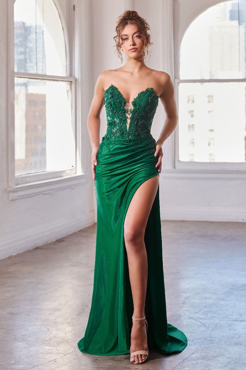 Emerald Green Glamorous strapless gown with sheer boned bodice and stylish flair