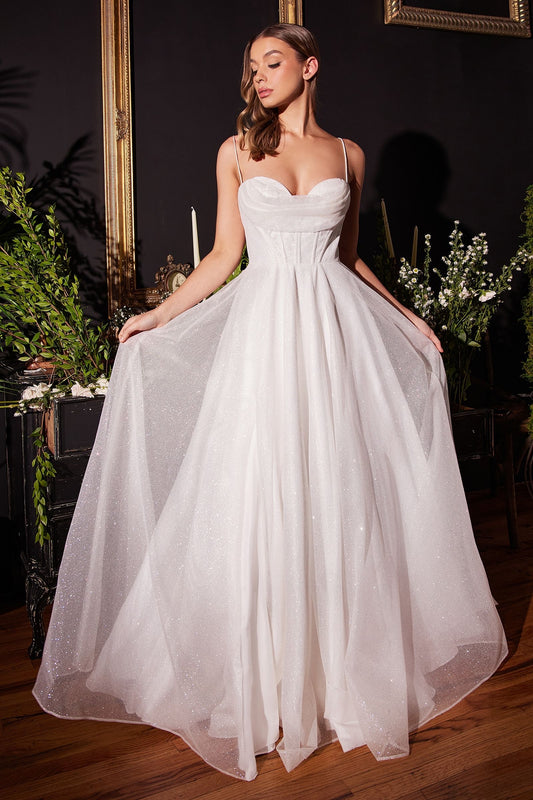romantic off white glitter flocked ball gown with a pleated sweetheart neckline