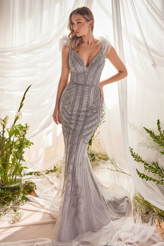 The most gorgeous beaded embellished luxury mermaid prom dress with feathers 