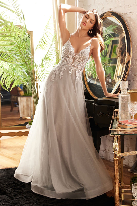 Whimsical layered A-line dress with beaded lace bodice