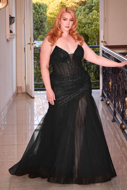 A plus size black mesmerizing strapless sequin mermaid dress, perfect for prom or a romantic event, with a flattering v-neckline. 