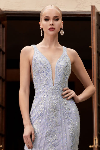 evening dress with deep v neckline and lace and beads