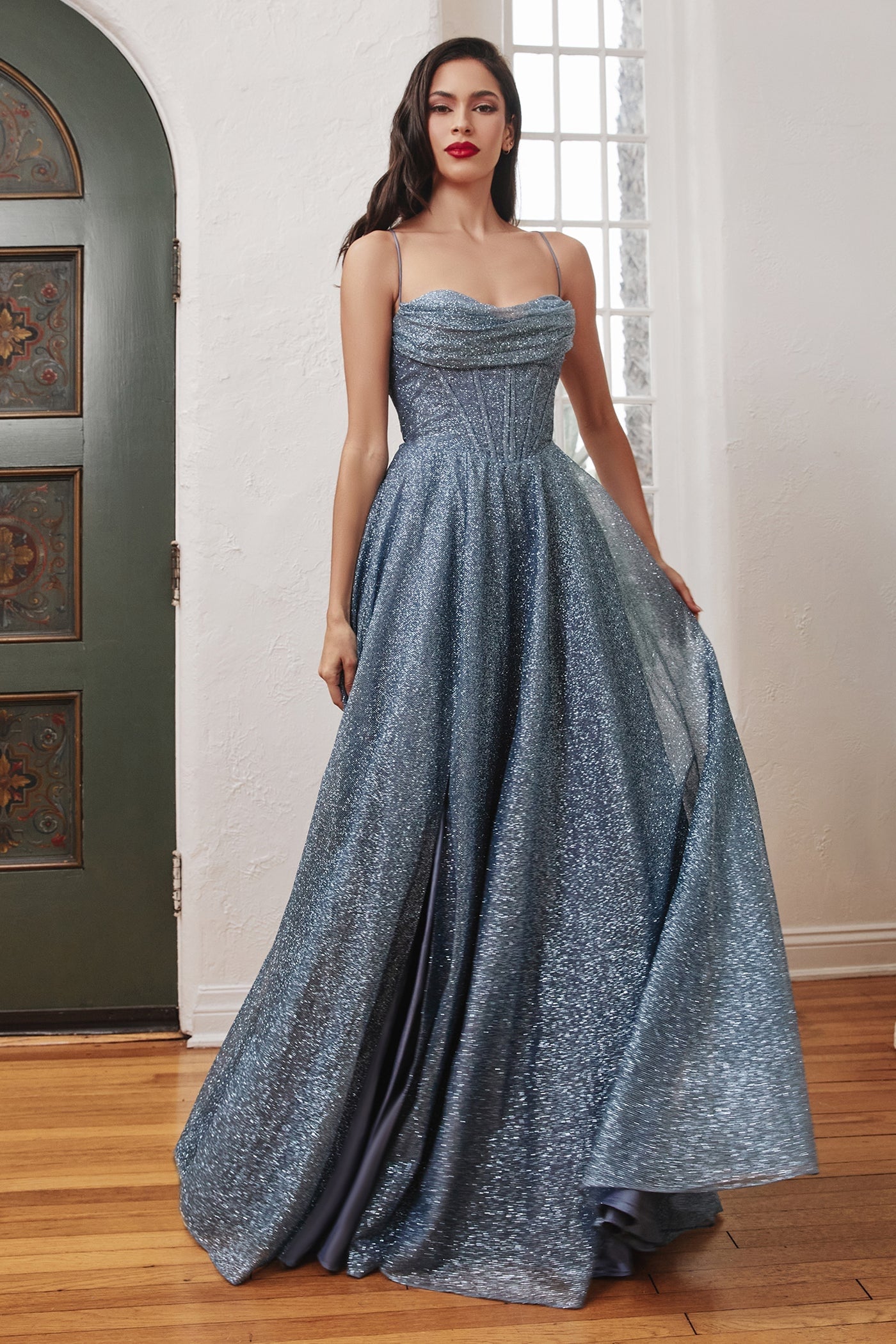 ball gown with a glittering bodice, elegant pleated neckline and a leg slit