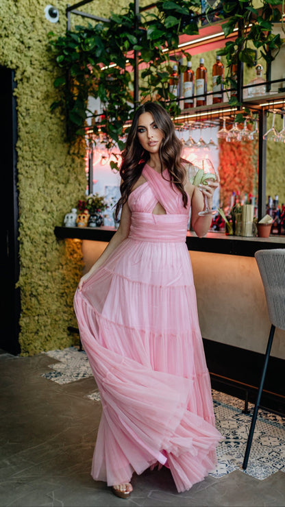 romantic pink long dress tulle fabric 