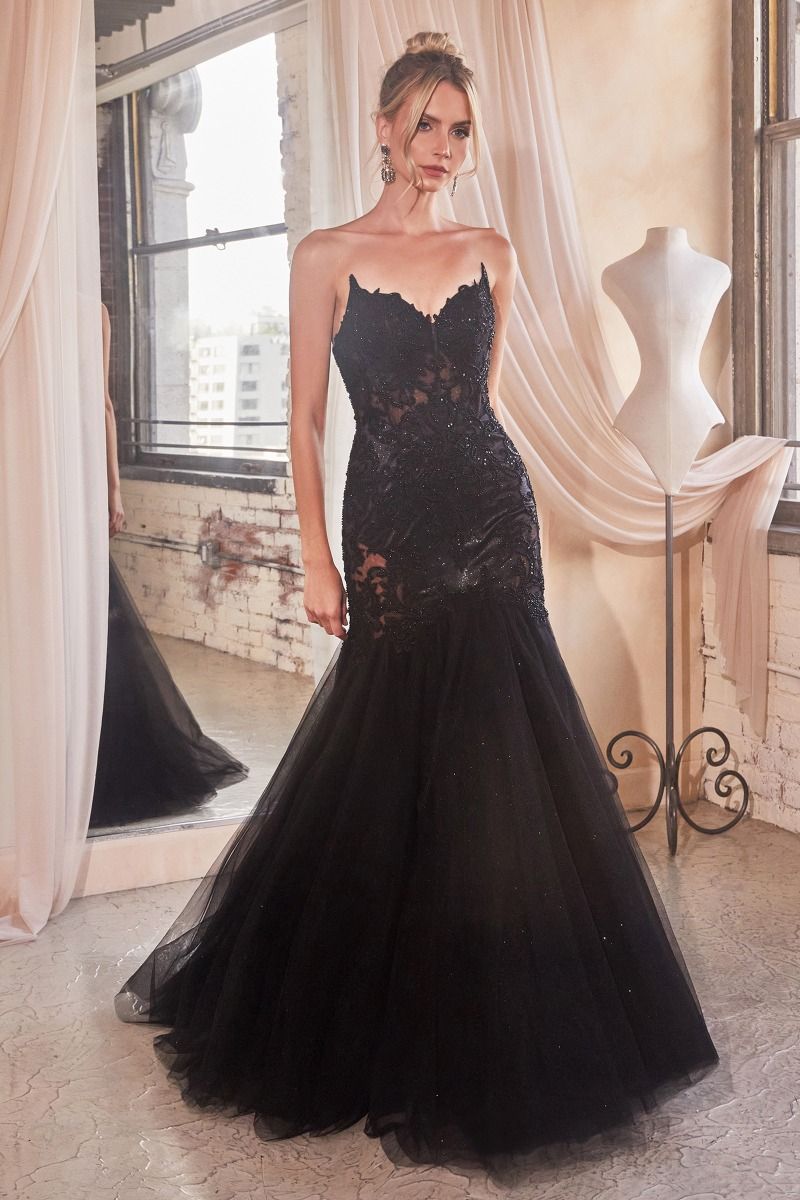 Black tie evening dress , corset prom dress strapless mermaid lace gown