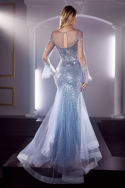 Glamorous mermaid gown adorned with long bell sleeves and exquisite embellishments.