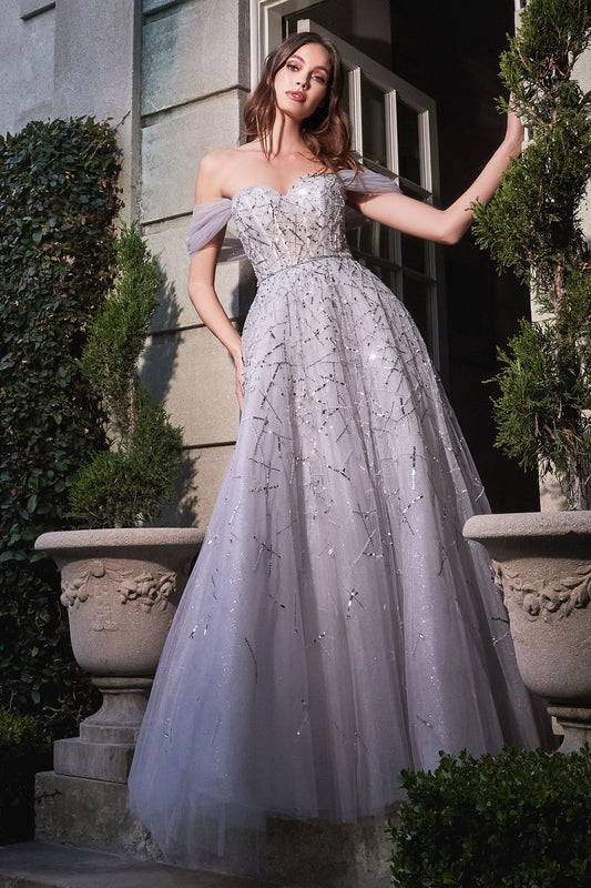 luxury beaded formal dress in grey silver color