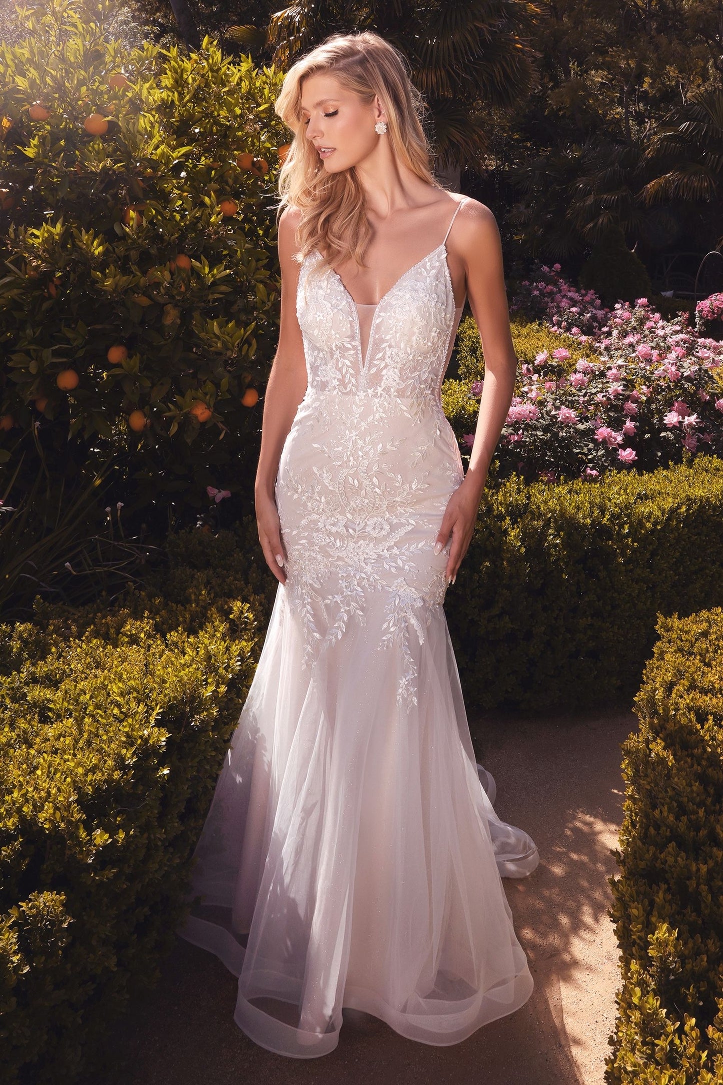 Translucent back bodice design and slimming basque waistline of the Dorothy gown, creating an elegant and flattering silhouette