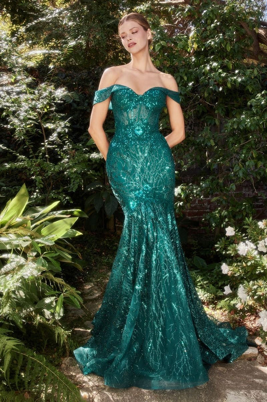 green wedding guest dress Emerald Shimmering sequin lace mermaid gown with off-the-shoulder design