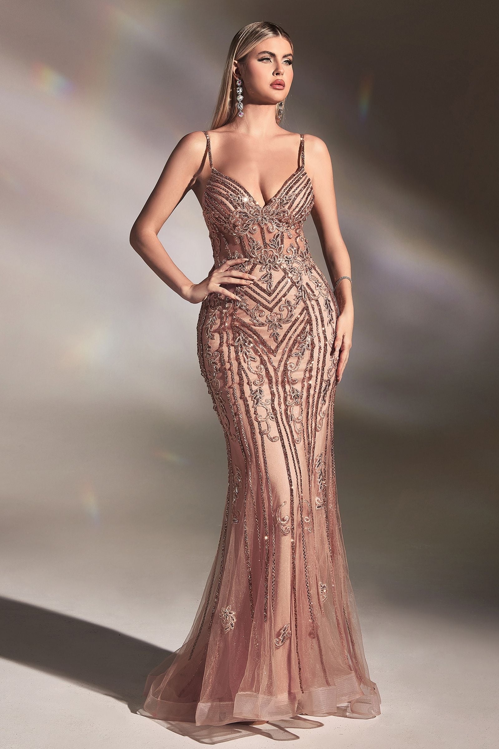 Elegant fitted beaded mermaid gown with V neckline and thin straps