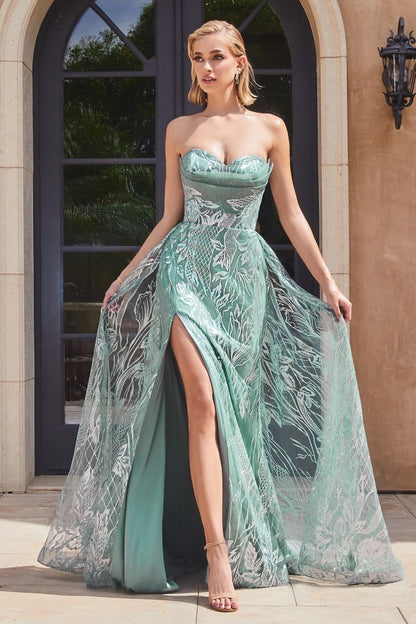 sage Sweetheart strapless Dress with glitter printed tulle and structured corset bodice for prom and wedding events 
