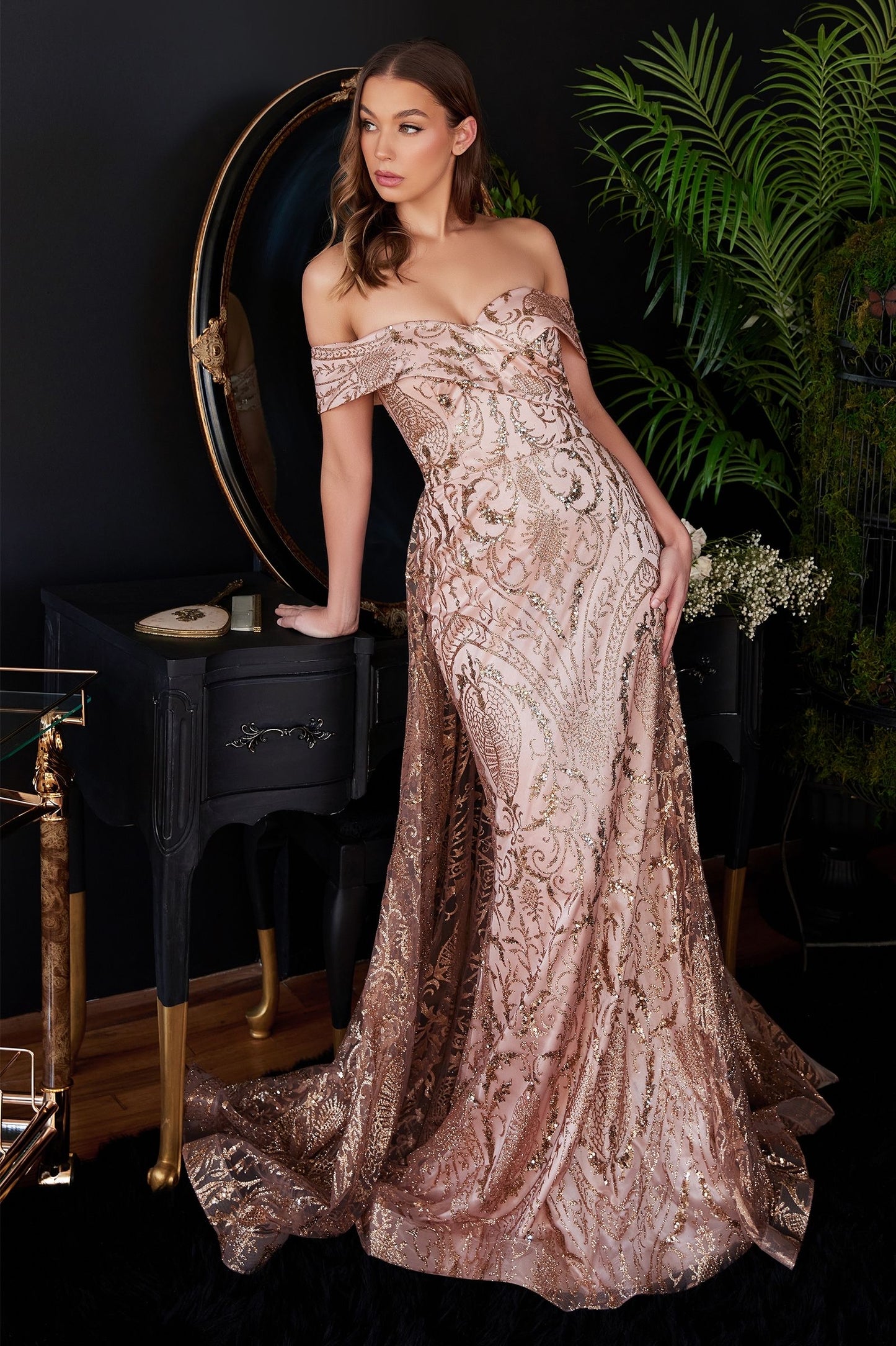 rose gold dress in maxi line and gorgeous neckline