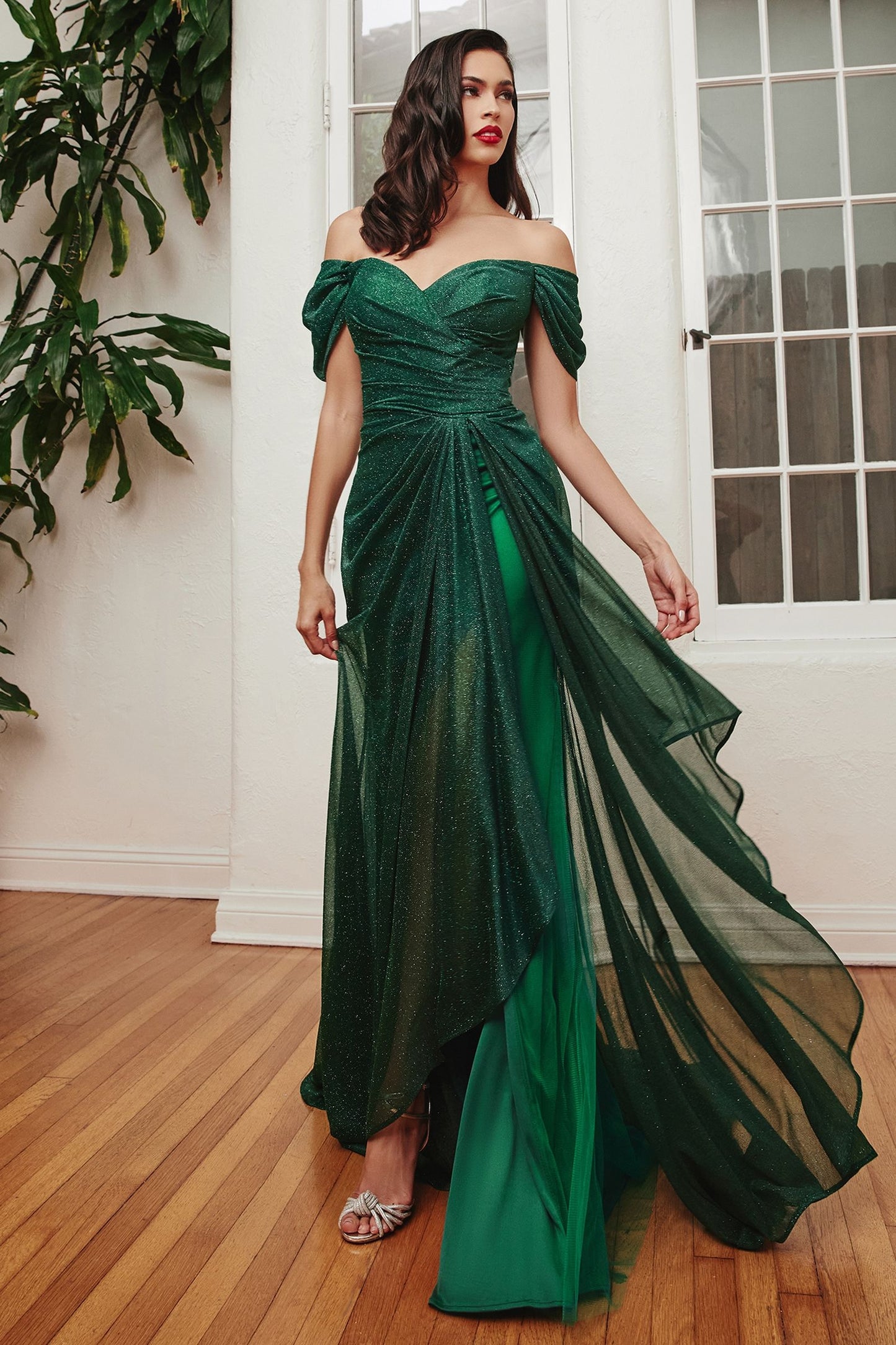 Fitted sheath style gown with dazzling glitter fabric that catches the light, adding glamour to your look.