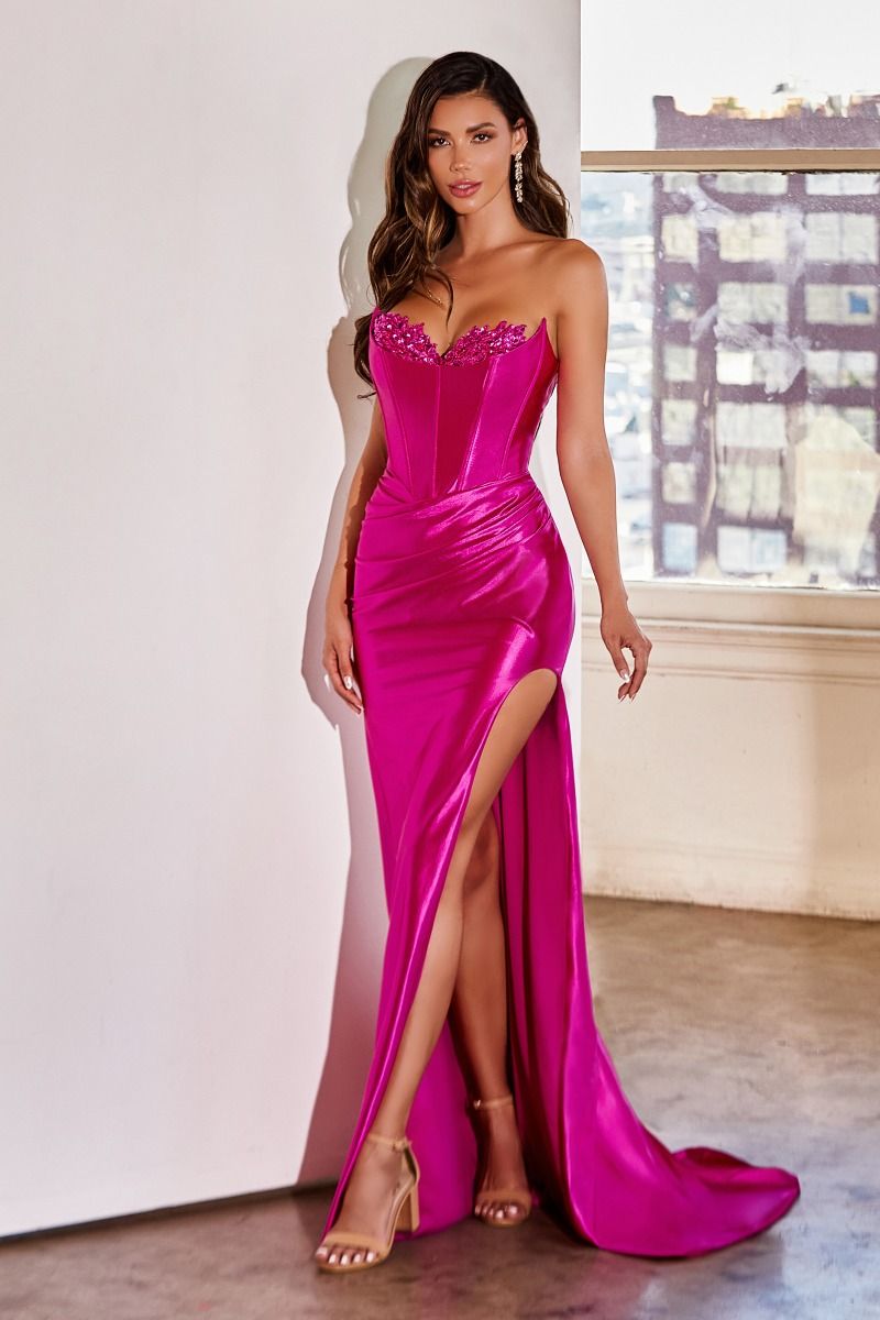 Fuchsia Hot pink evening dress , in satin fabric and corset top 