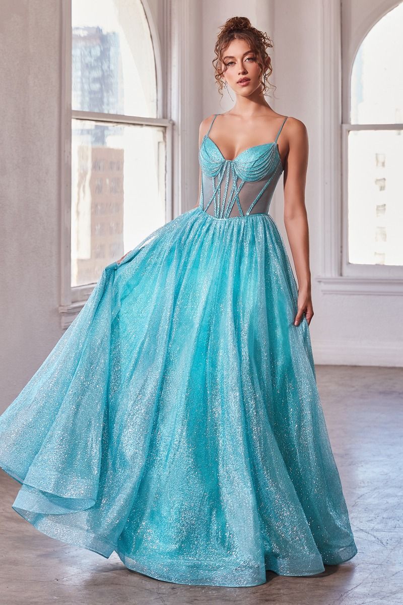 Aqua gown , with intricate beaded detailing on the bodice and a flowing, shimmering skirt.
