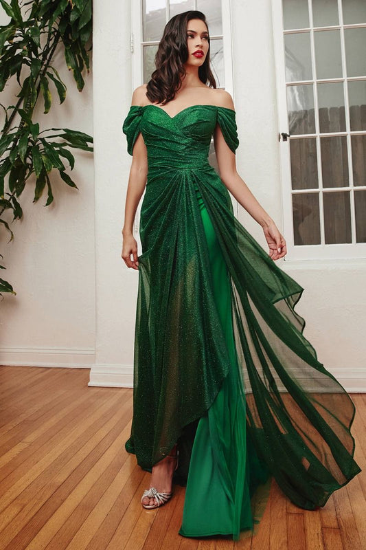 Emerald Off the shoulder glitter gown for special events, designed to flatter your silhouette