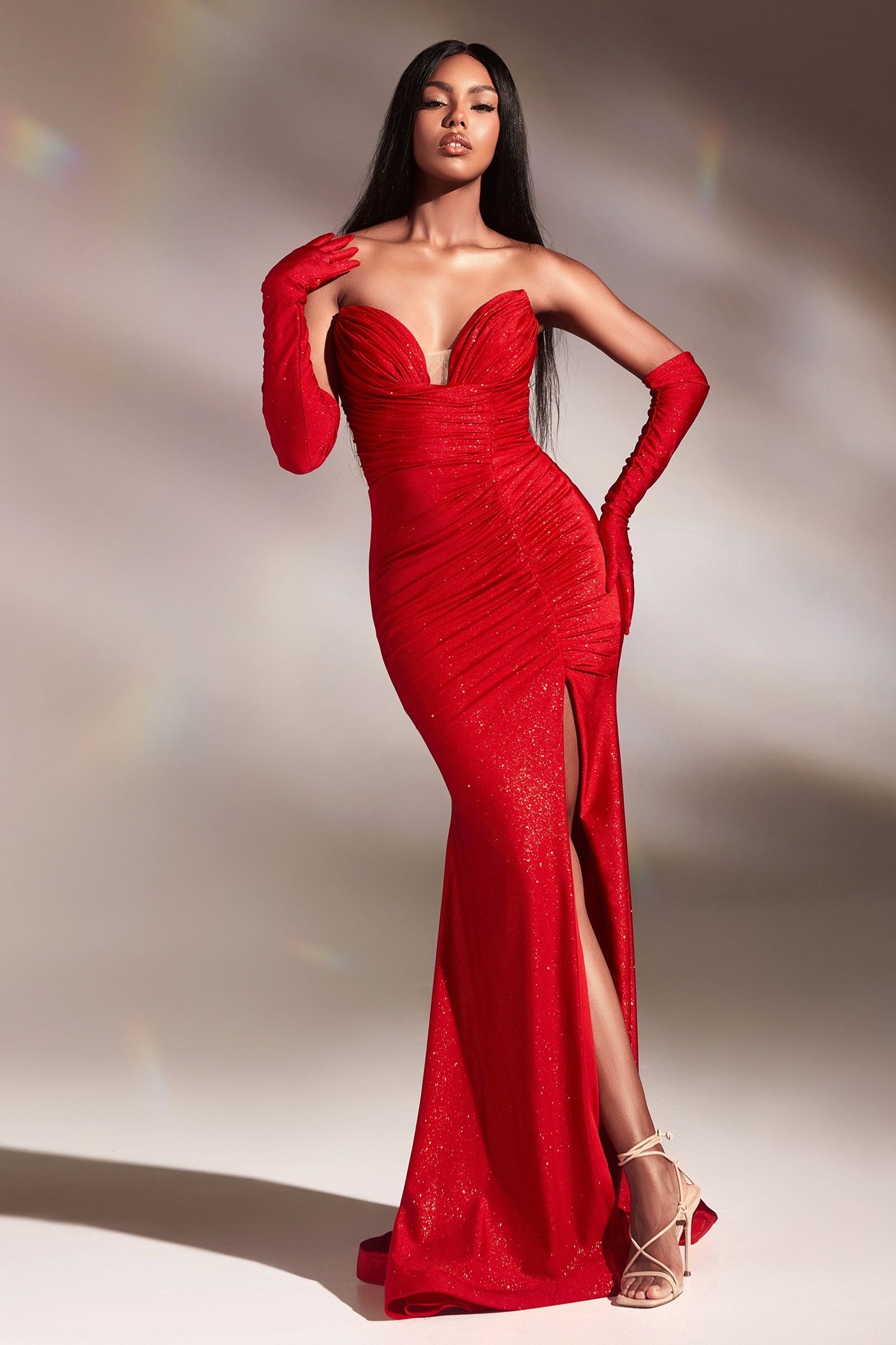 mermaid red sexy prom dress with gloves