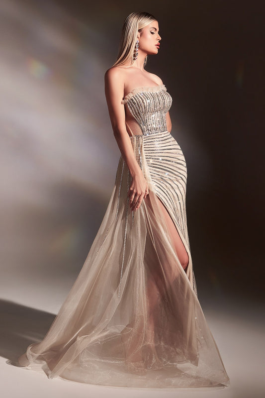 Embellished beaded gold nude luxury mermaid gown dress for prom and wedding quest