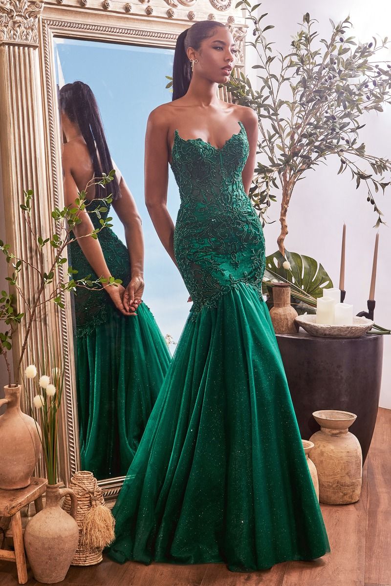 corset prom dress in Emerald Green color strapless mermaid lace gown