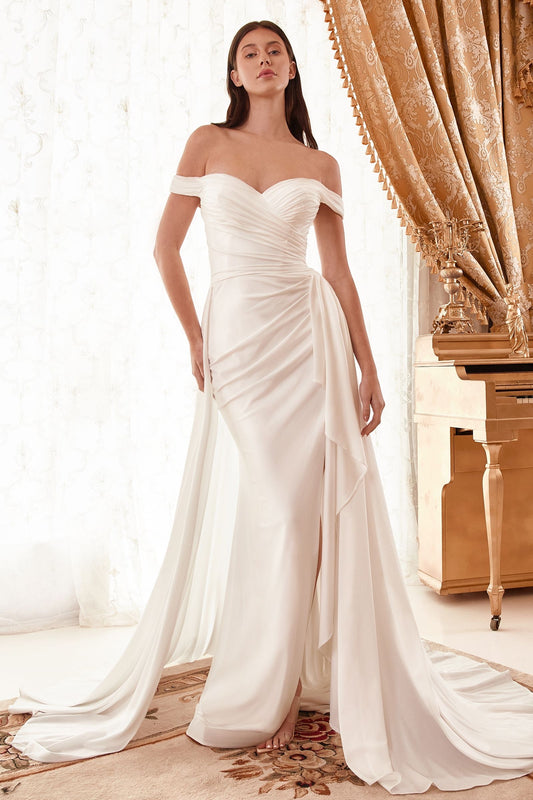 romantic draped off shoulder bridal gown in luxurious off white stretch satin