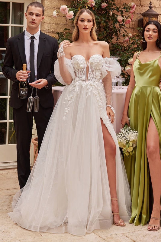 Exquisite bridal ball gown with a blend of classic and modern elements, including a 3D lace appliqued bodice, a removable puff sleeve gloves, and a flowing layered tulle skirt