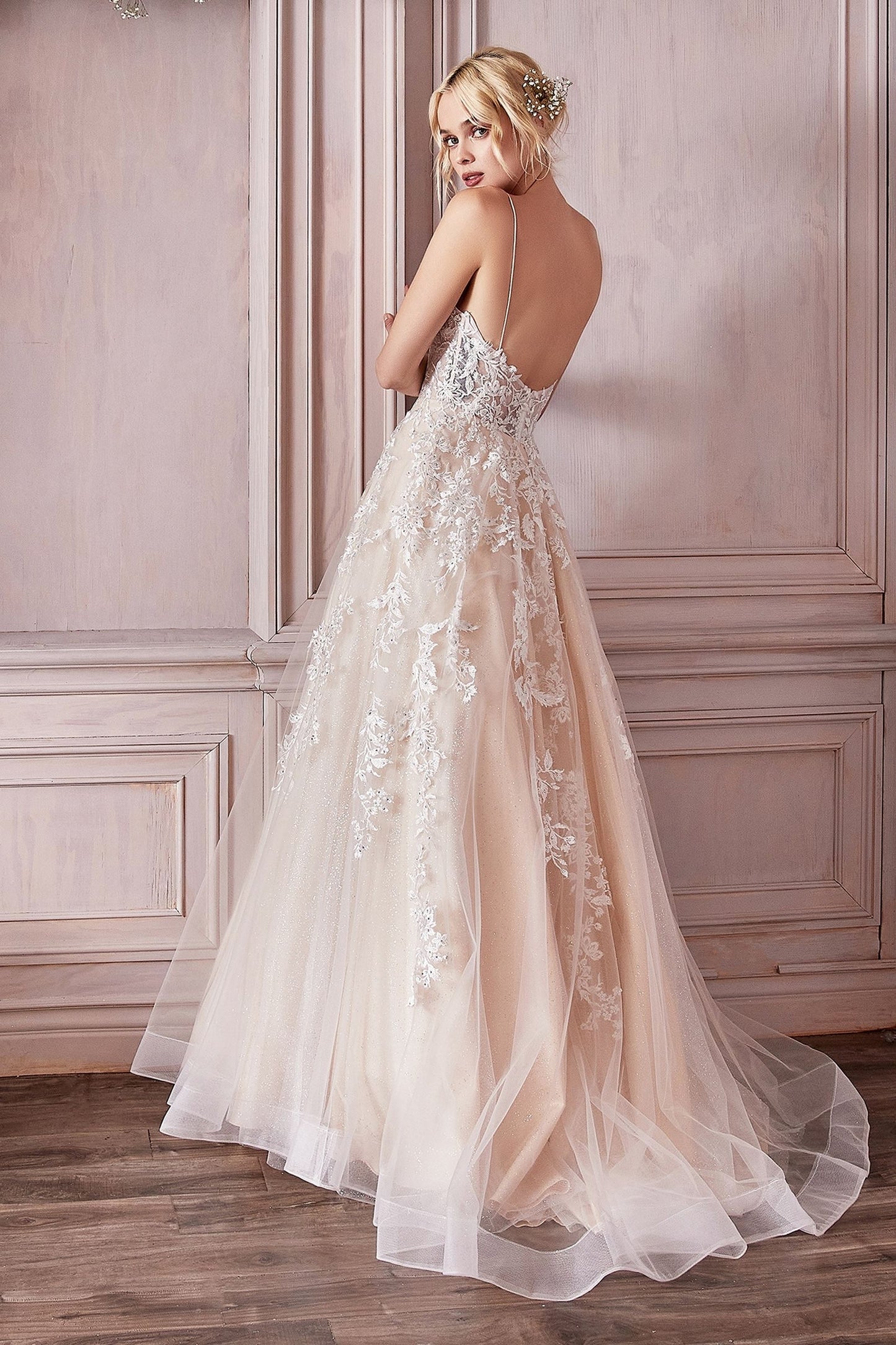 dramatic off white lace appliqued tulle overlaying champagne lining creates a stunning effects
