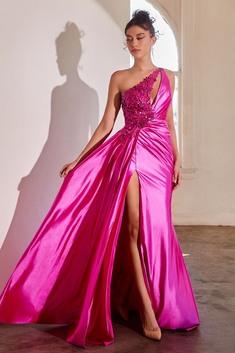 One shoulder satin evening gown im fuchsia color
