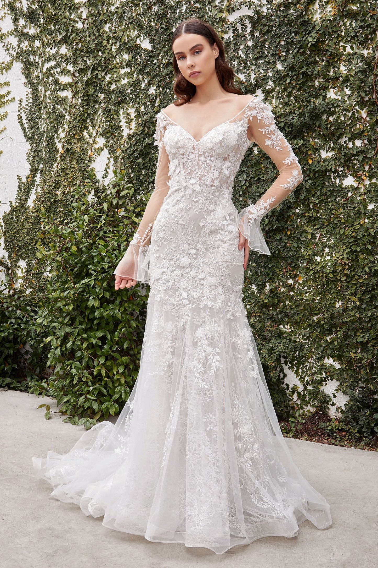 Bridal Dress with Flowing A-line silhouette with soft tulle overlay - Front view