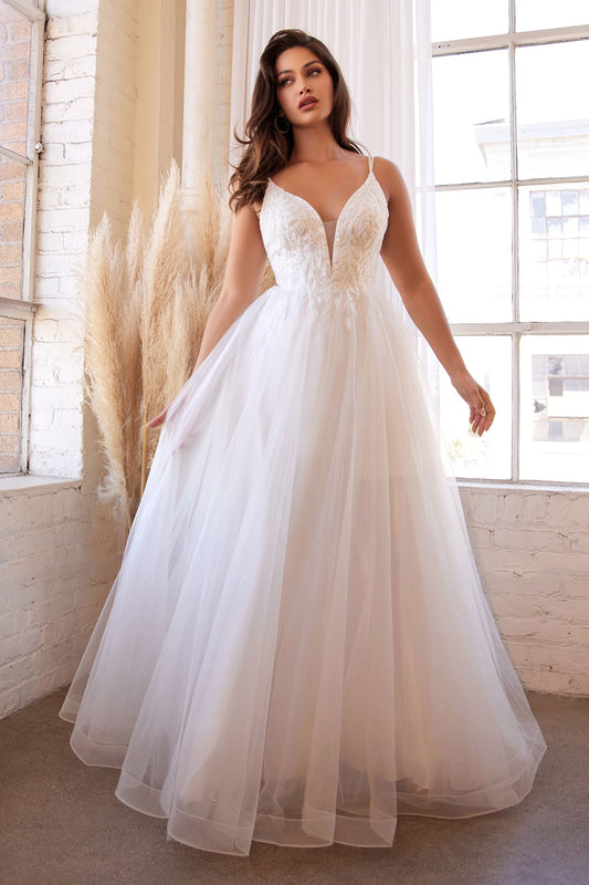 Dreamy and romantic wedding gown with intricate beaded appliqué, light chiffon fabric, and a voluminous A-line skirt