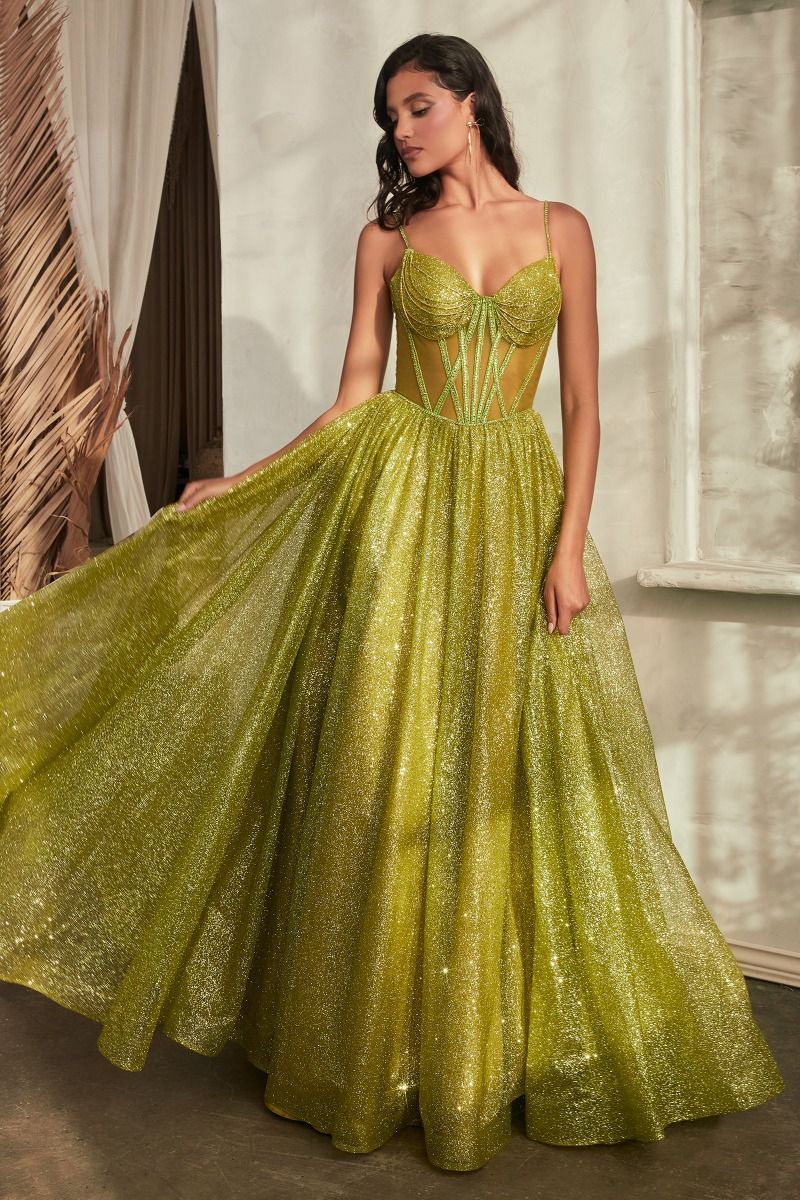 An exquisite dress featuring a rhinestone-adorned bodice and a voluminous, sparkling skirt.