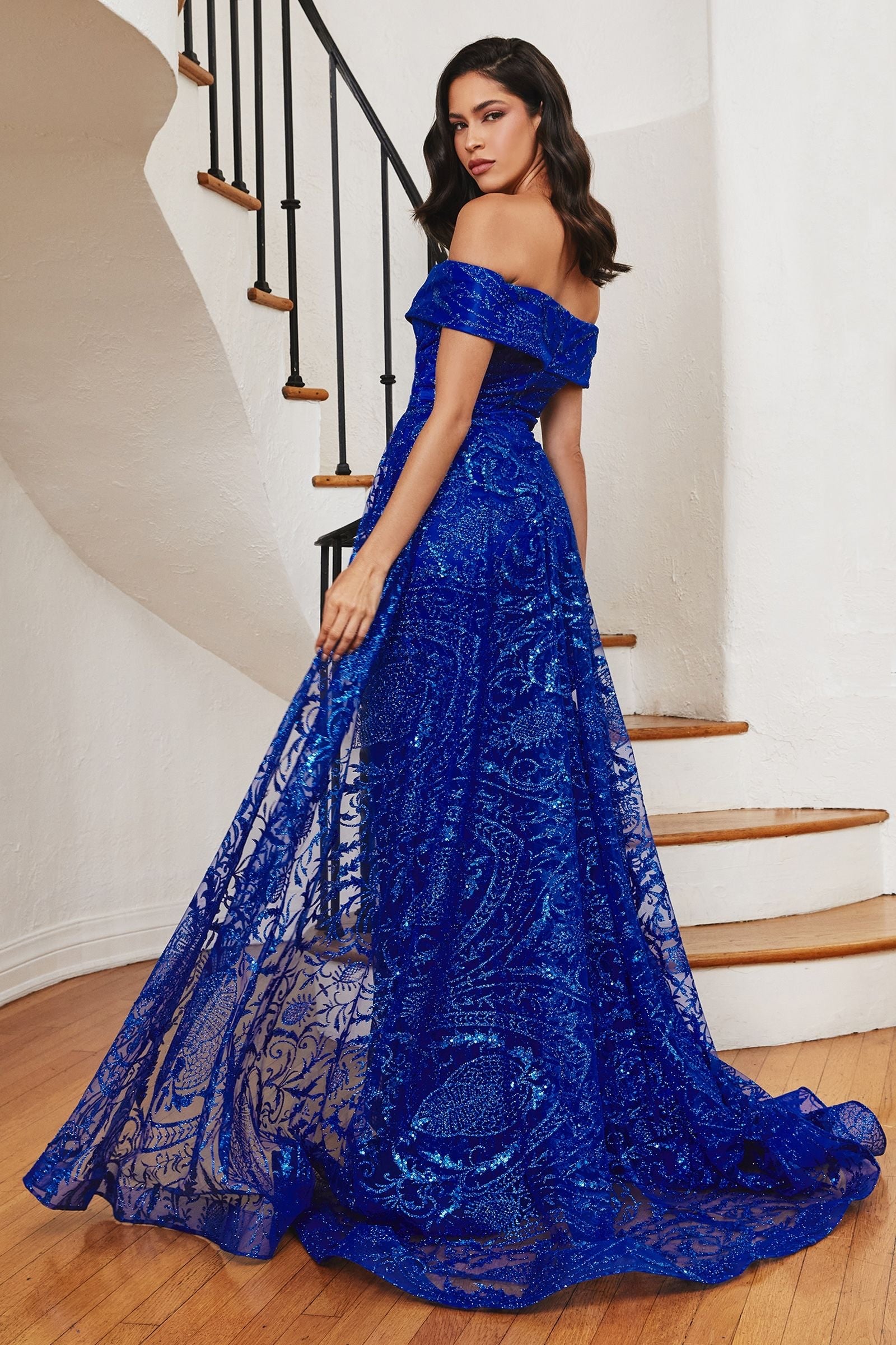evening gown in royal color with overskirt
