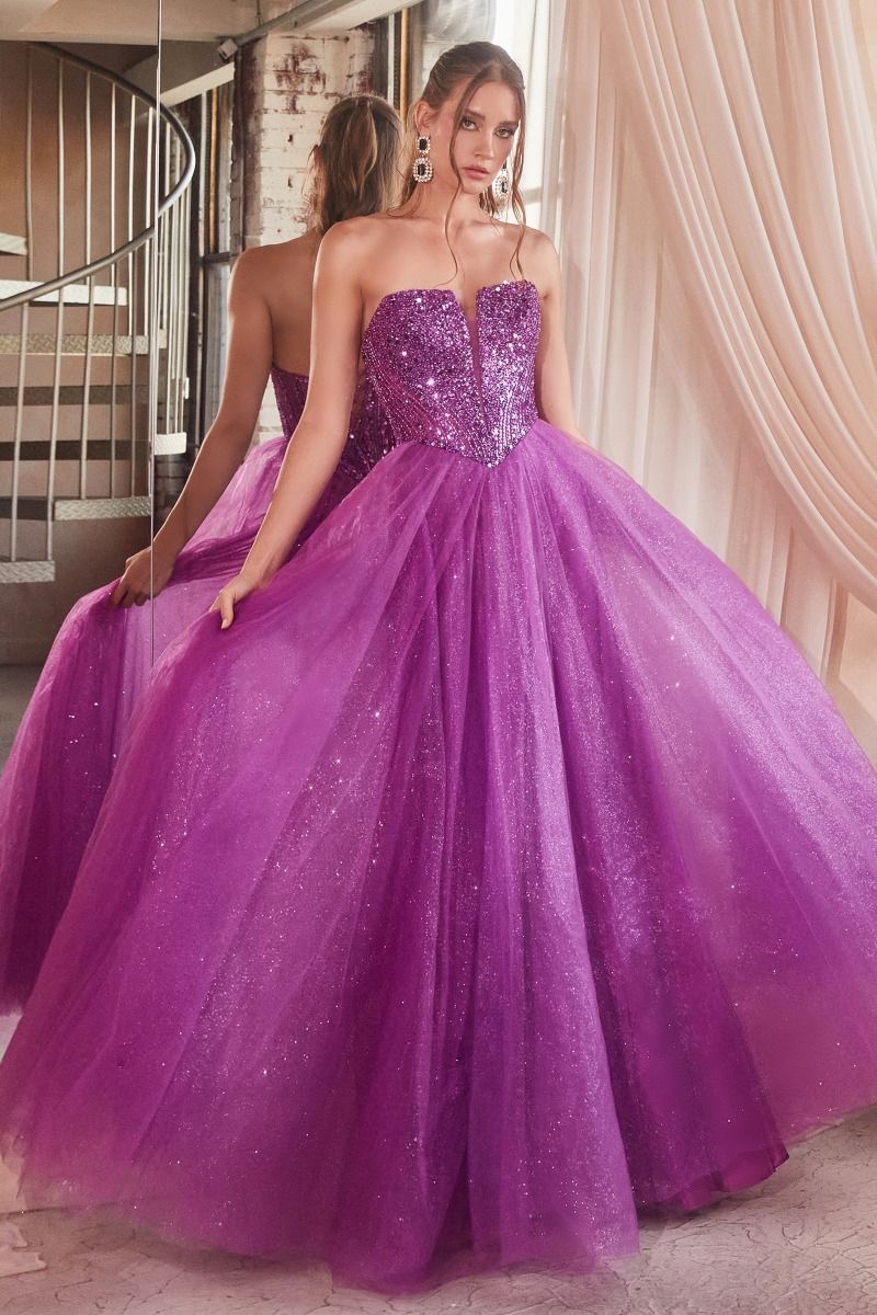 Purple couture ball gown , tulle dress , Strapless a line dress