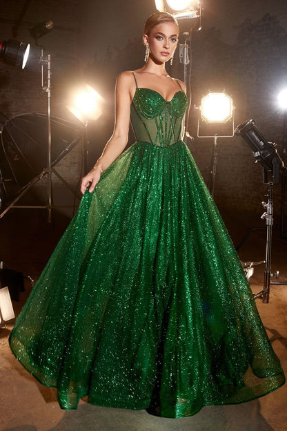 Emerald green evening dress , with a sheer, boned bodice and cascading rhinestone chains.
