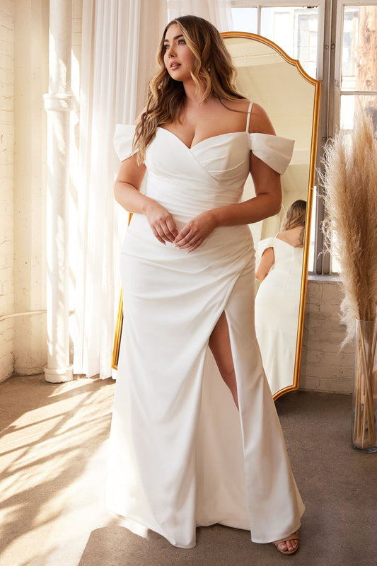 Sleek and elegant gown with a flattering sweetheart neckline and modern off-the-shoulder detail