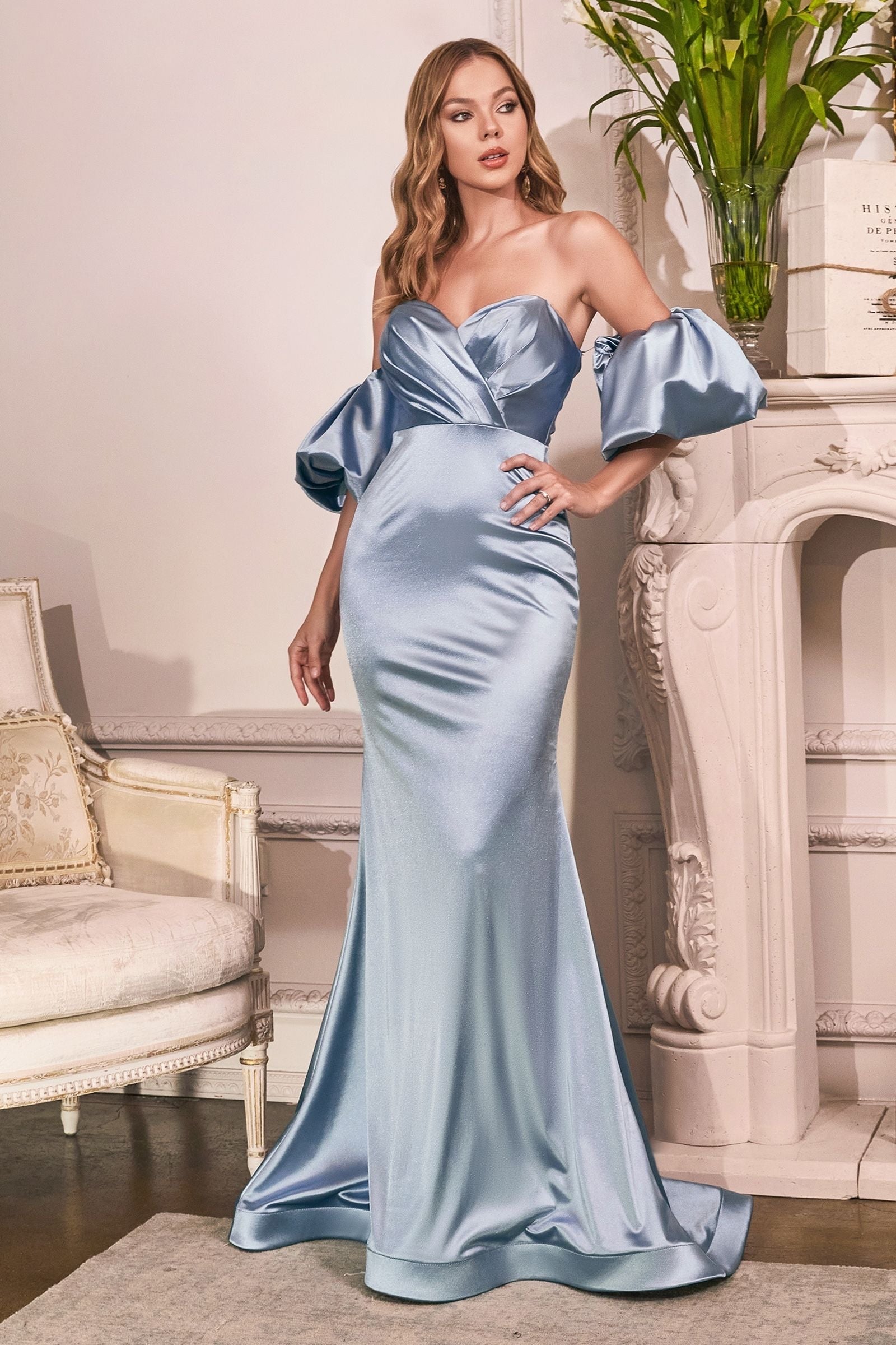 Versatile stretch satin mermaid gown with optional off-the-shoulder sleeves.