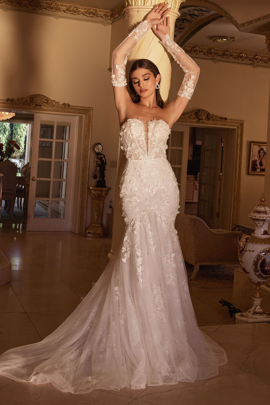 Exquisite strapless mermaid gown with delicate lace and floral details