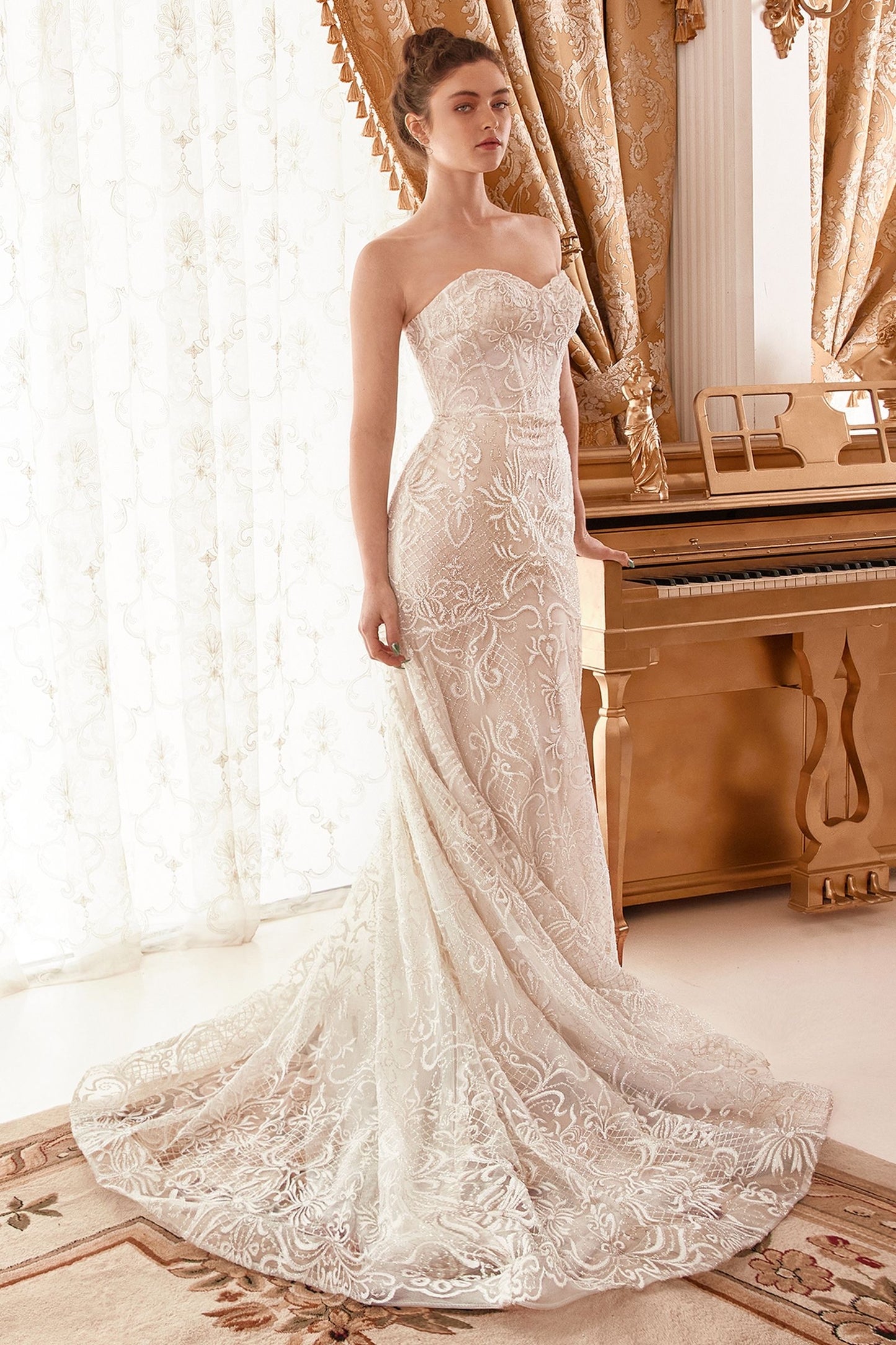 opulent off the shoulder mermaid bridal gown adorned with a shimmering baroque motif glitter design