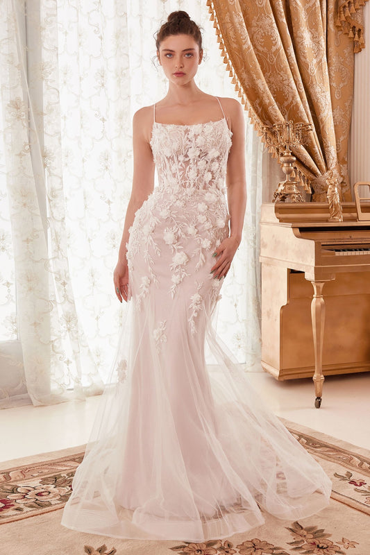 elegant off white gown with dimensional organza floral appliques