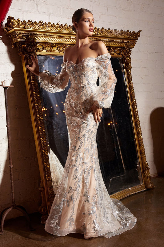 sweetheart long sleeve gown in silver and nude color