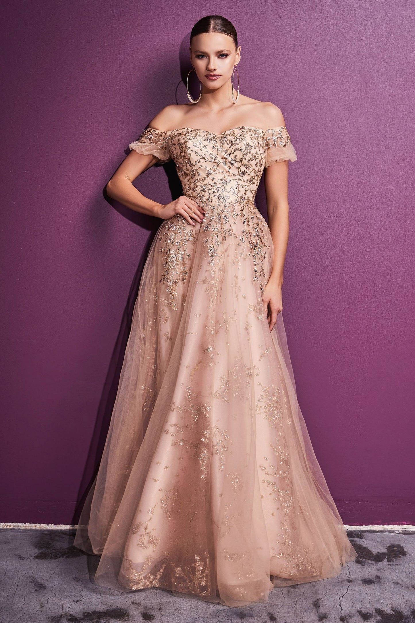 Gold off shoulder maxi evening dress