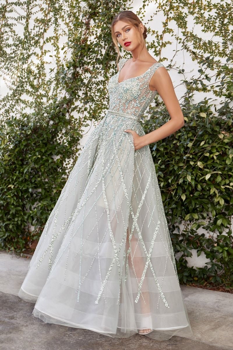 sage Beaded ball gown romantic glitter tulle skirt for prom night wedding