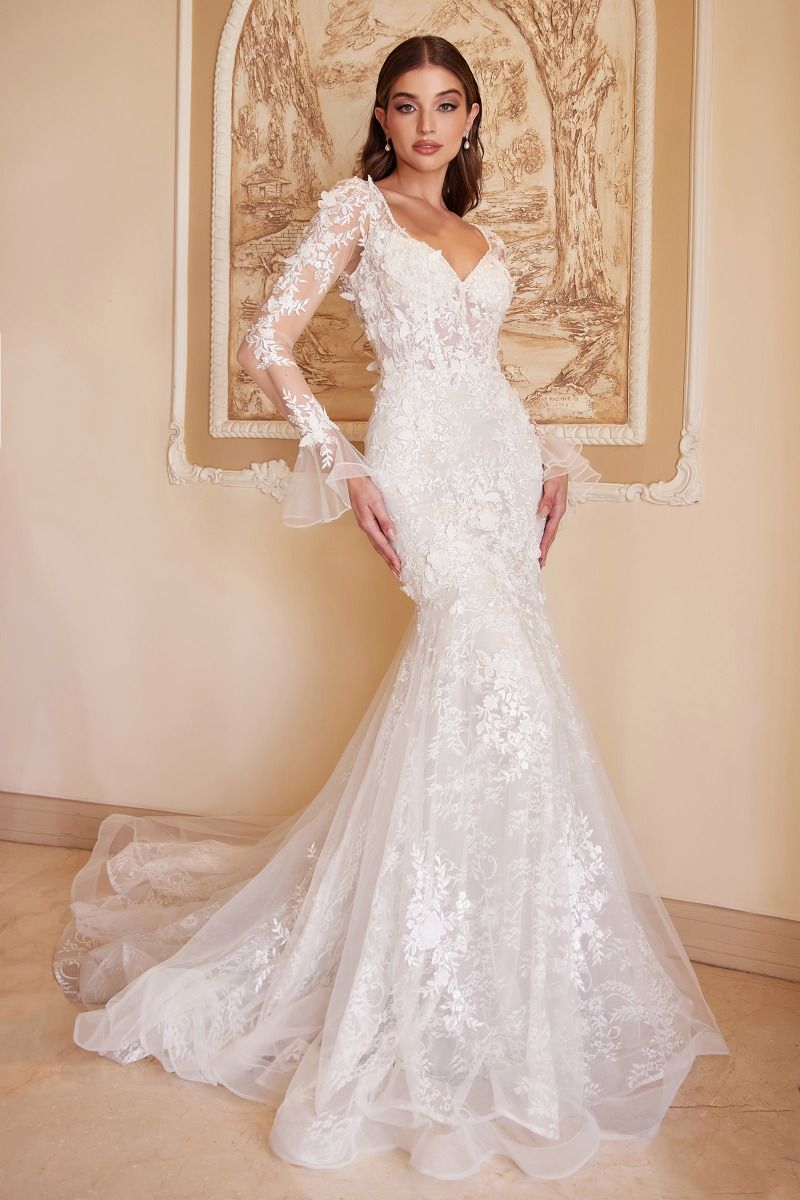 Wedding dress with Sheer sleeve with ruffle cuff and lace placement - Close-up detail