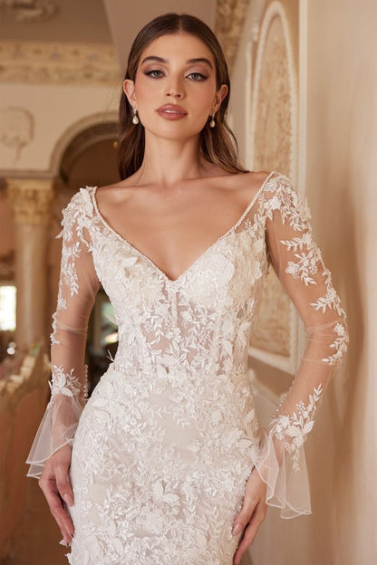 Wedding Dress with Wide V neckline with delicate beading - Front view