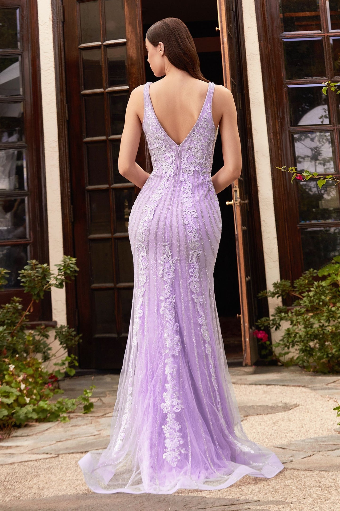 v back mermaid dress in lilac color 