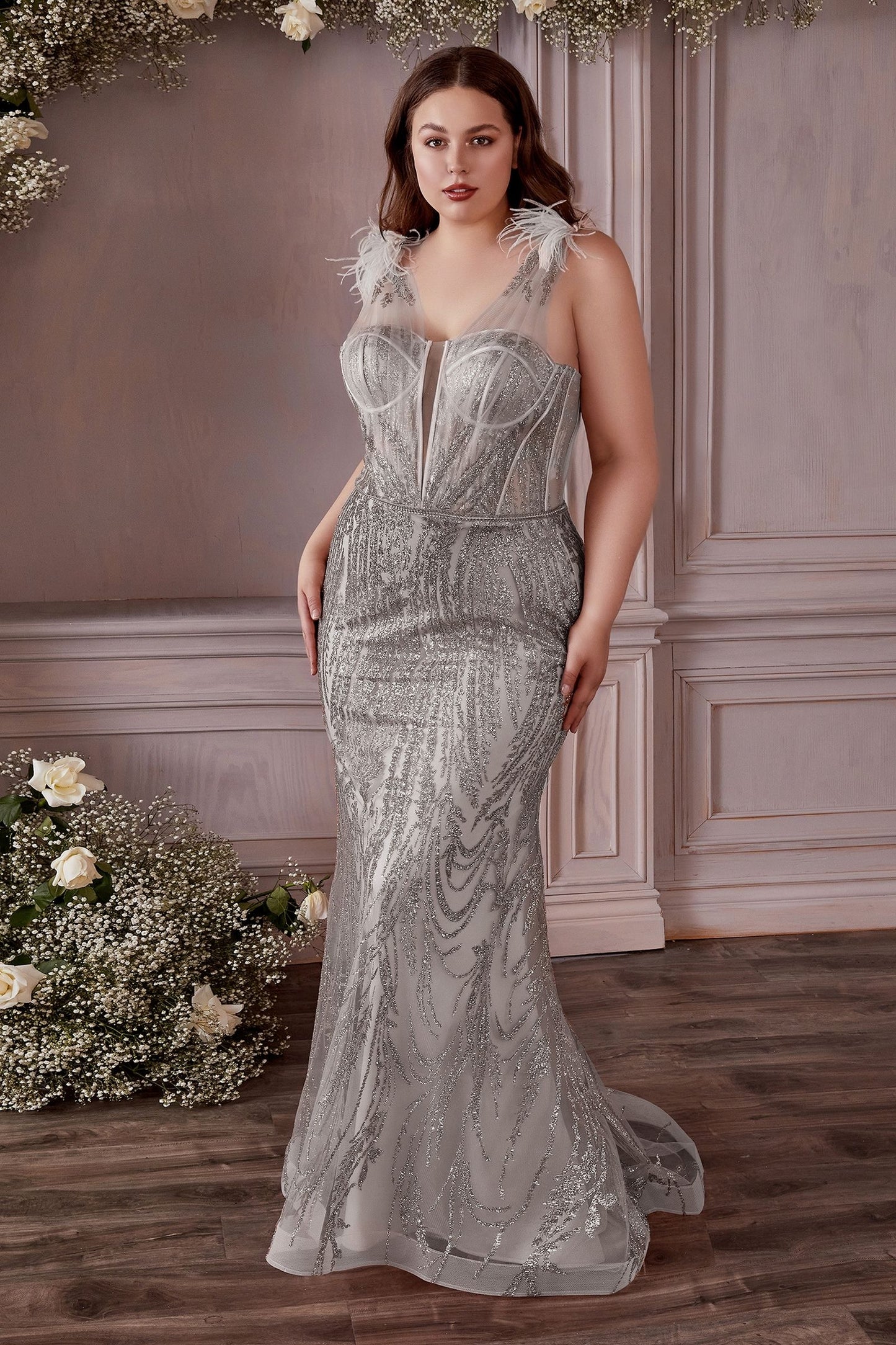 plus size formal dress in silver color