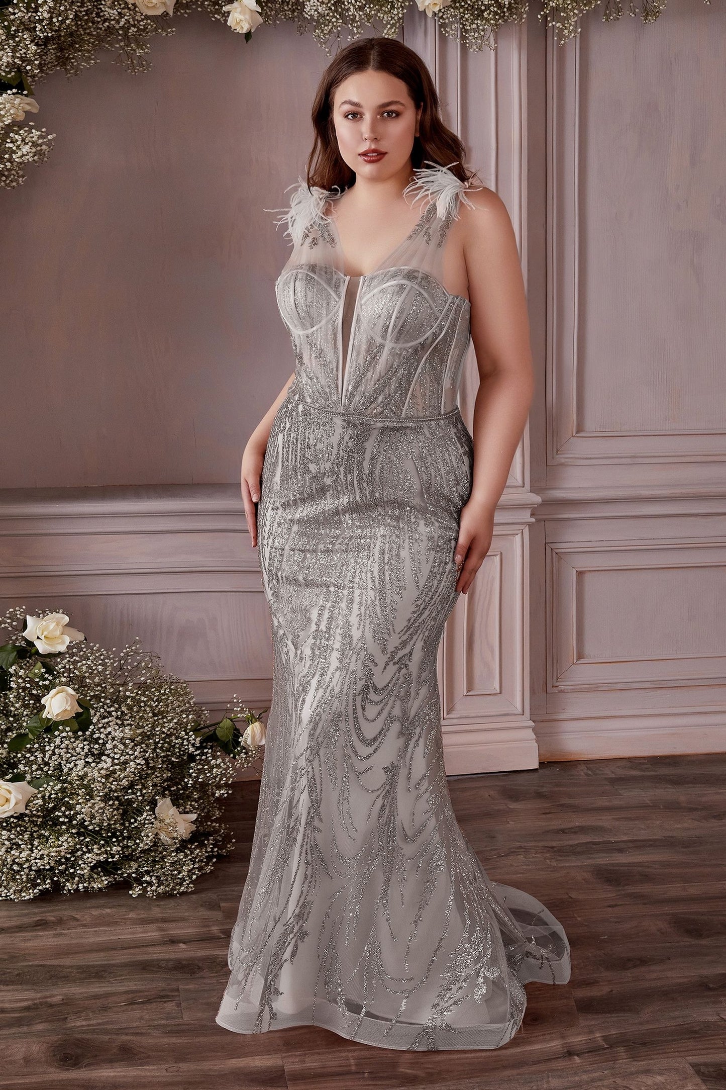 plus size formal dress in silver color 