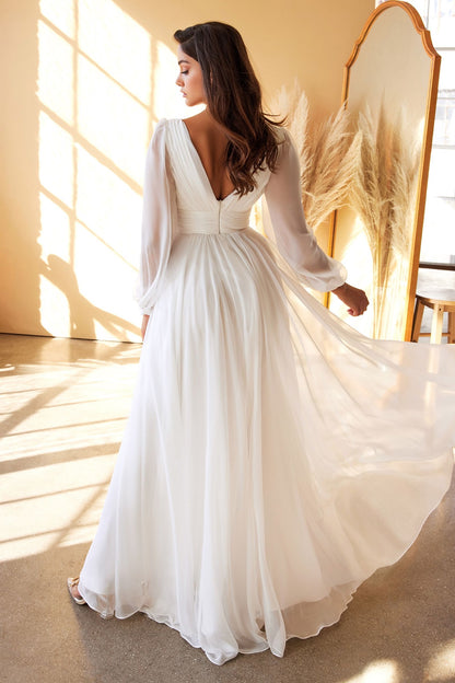 sophisticated and flattering chiffon gown with sheer long sleeves