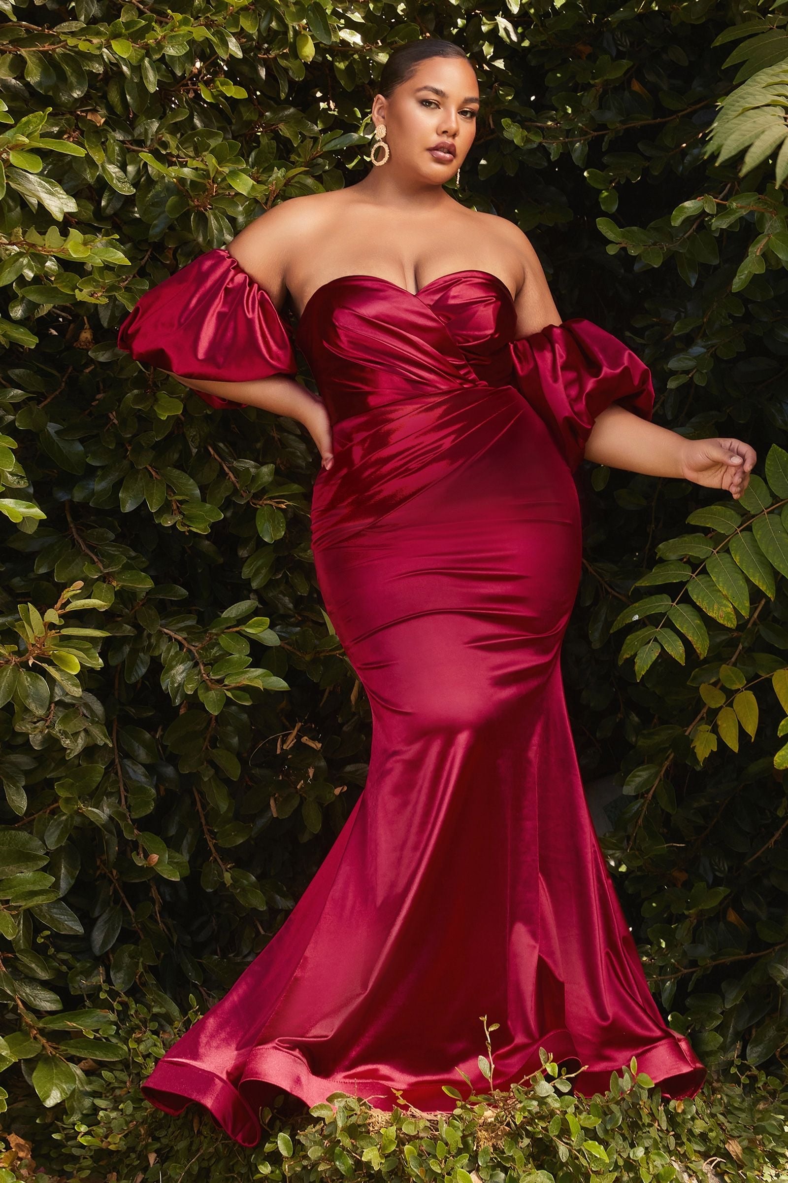 plus sizes Sleek and figure-hugging stretch satin mermaid gown with gathered sweetheart neckline.